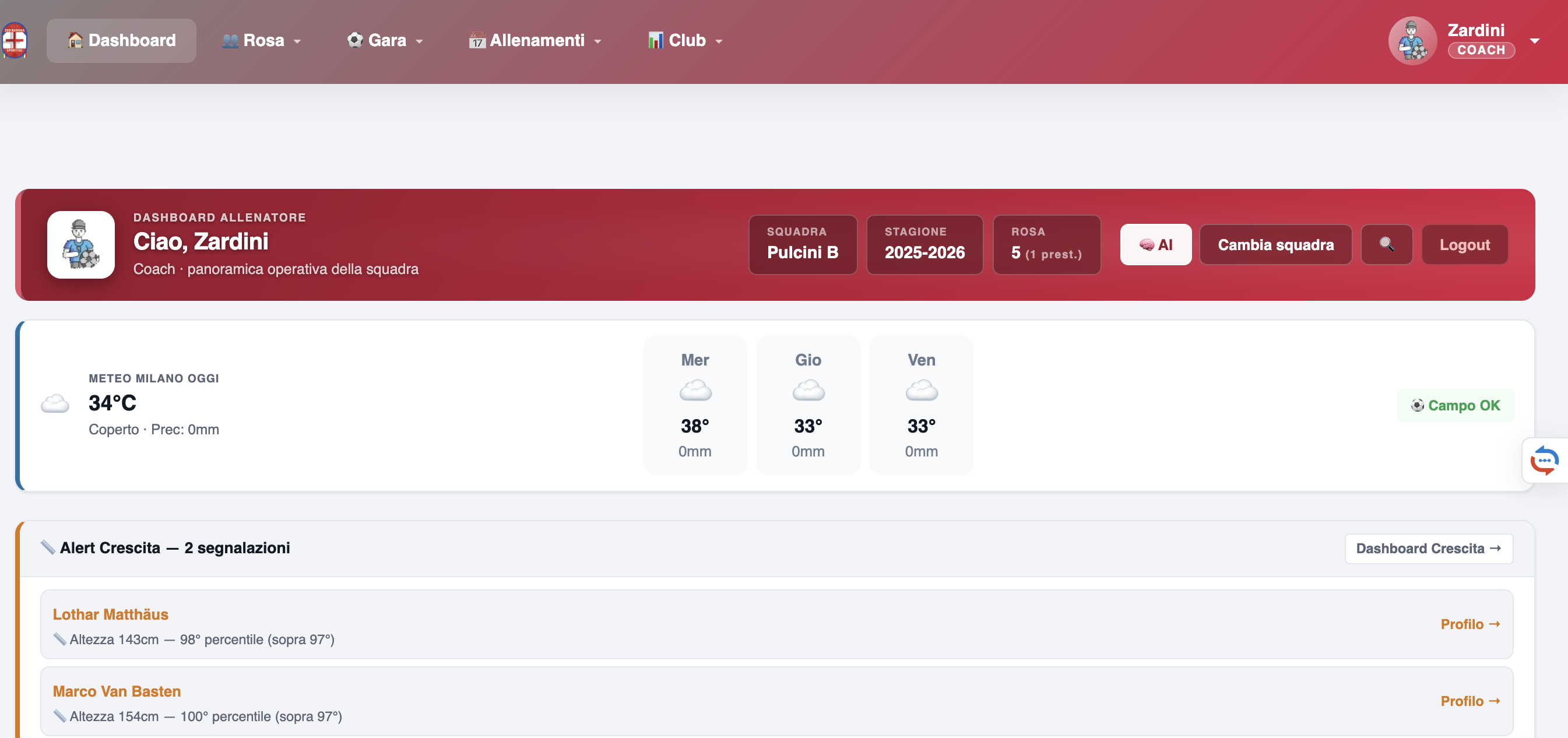 Dashboard operativa GS Calcio — navbar e riepilogo squadra